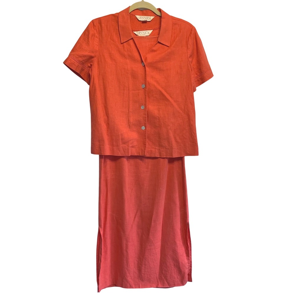 Casual Corner Annex Petite Linen Blend Dress Womens 4/M Coral 2pc Shirt Dress